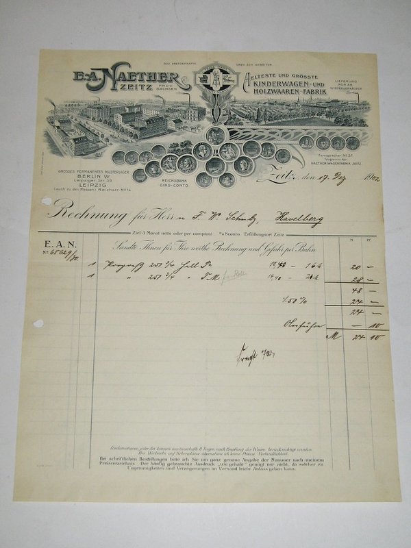 Rechnung von 1902 ~ Lithographie Kinderwagenfabrik Naether in Zeitz