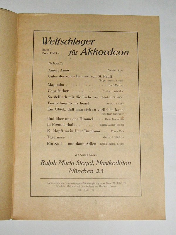 Welt-Schlager für Akkordeon ~ Notenheft um 1948