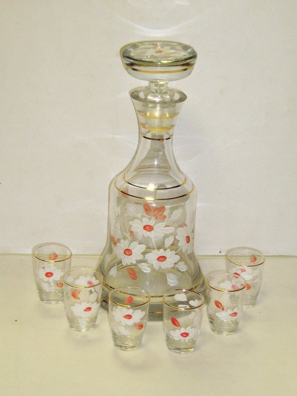 Likörkaraffe und Gläser mit Blütendekor ~ um 1970