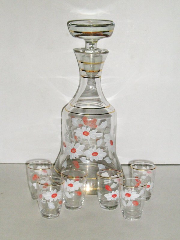 Likörkaraffe und Gläser mit Blütendekor ~ um 1970