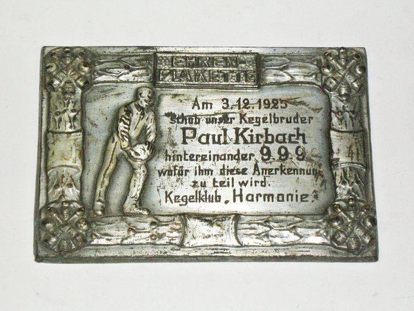 Ehren-Plakette des Kegelklubs "Harmonie" von 1925