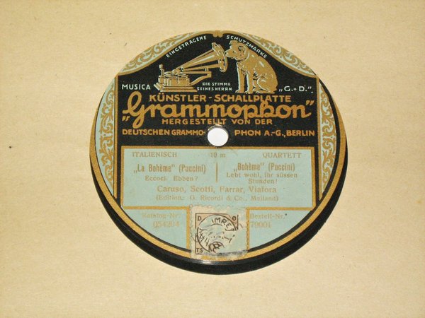 Schellackplatte Grammophon um 1910 ~ Caruso Scotti Farrar Viafora ~ Verdi + Puccini
