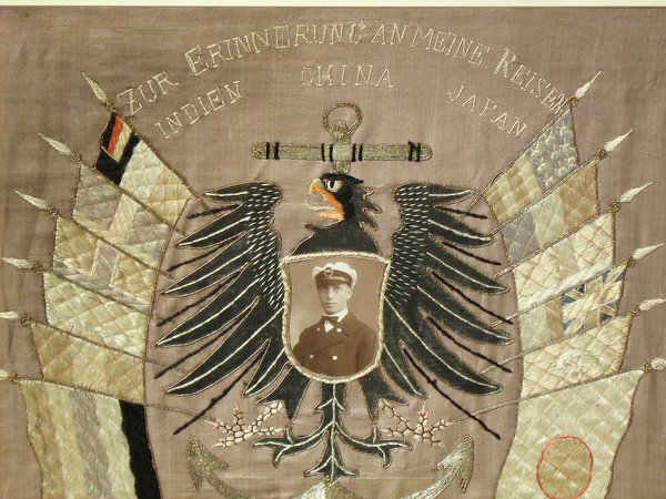 einzigartiges antikes Seidenstickbild ~ Weltfahrt M.S. Ruhr 1924-1927