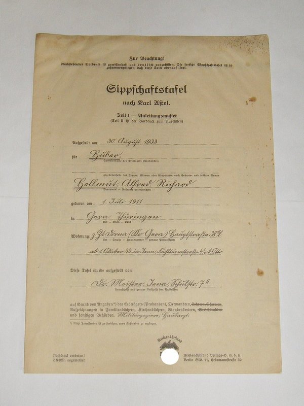Anleitungsmuster zur Sippschaftstafel des Reichsnährstandes 1933