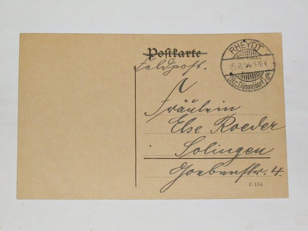 Feldpostkarte aus Rheydt vom Beginn des Krieges ~ 1914