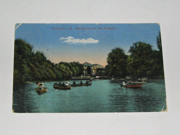 Ansichtskarte Karlsruhe - Stadtgartensee mit Festhalle ~ Feldpost 1917