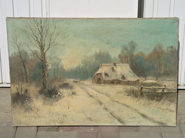 Ölbild auf Leinwand "Bauerngehöft im Winter" um 1910 ~ sign. Erhard Schönicke Friesack