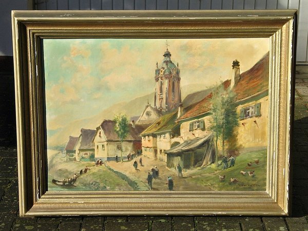gerahmtes Ölbild auf Leinwand "Dürnstein / Wachau" ~ sign. Otto Hunte