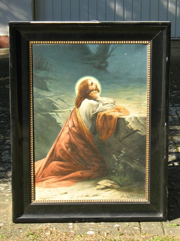 Ölbild "Betender Jesus" im edlen Schwarzlack-Rahmen ~ 1927