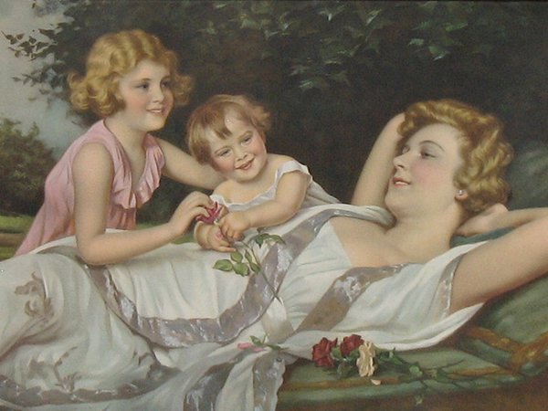 gerahmter Farbdruck "Mutter mit Kinder" um 1910