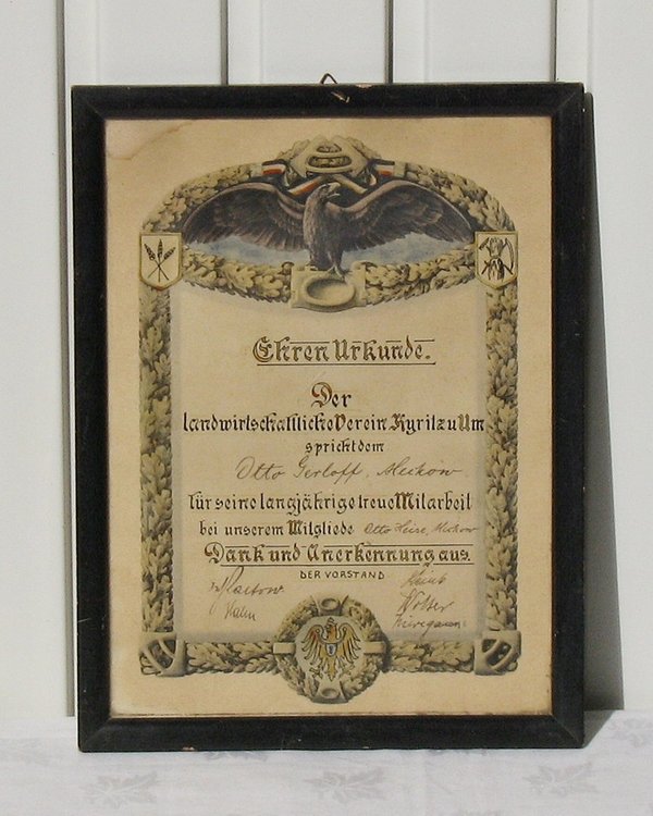 Ehrenurkunde des Landwirtschaftlichen Vereins Kyritz um 1900