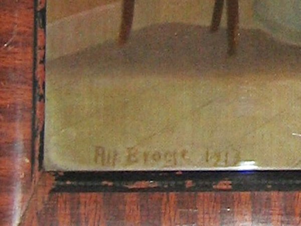 gerahmter Farbdruck "Biedermeier Interieur mit Dame am Fenster" um 1914